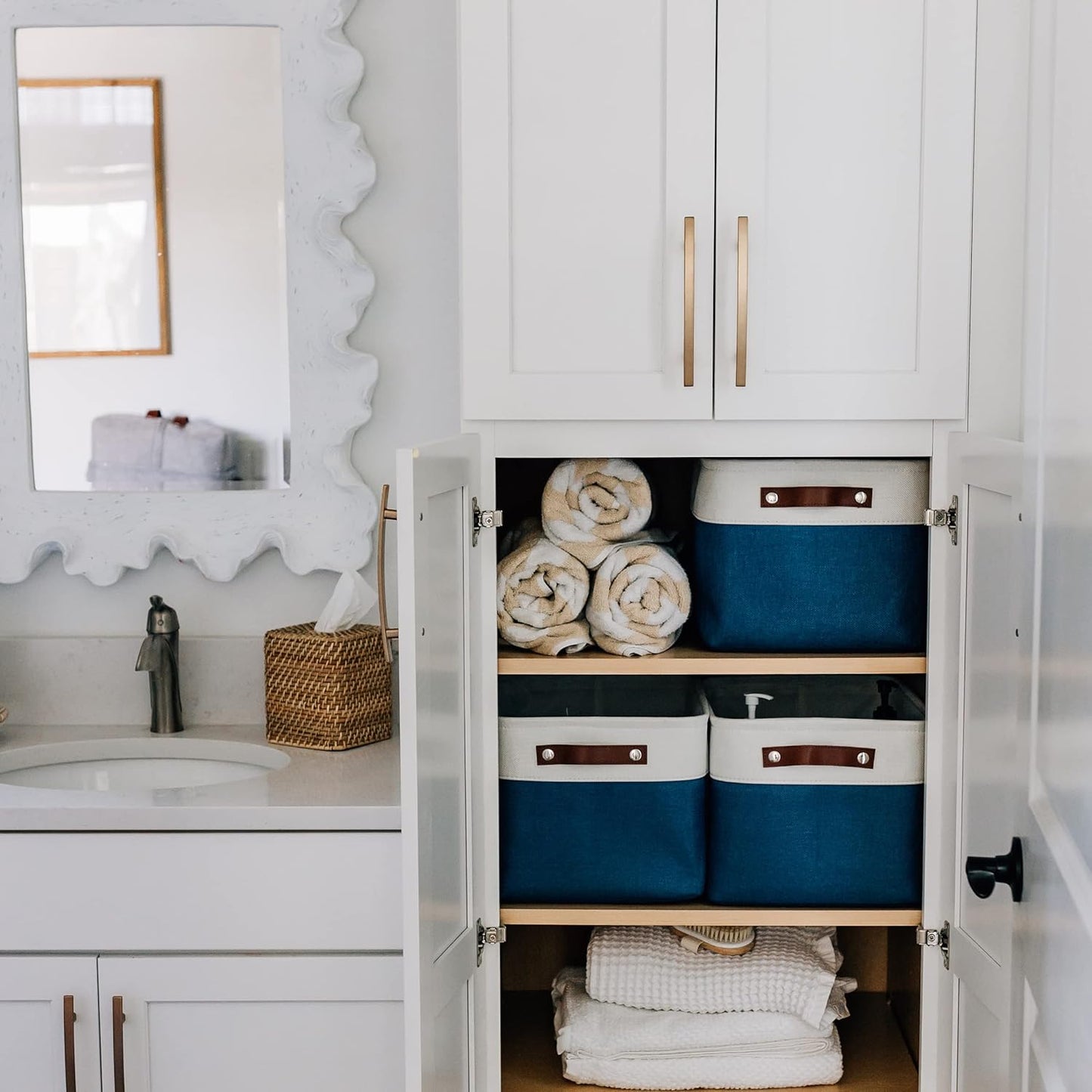 OrganiHaus Large Fabric Storage Bins for Shelves 3 Pack, 15x11in Closet Storage Bins for Shelves, Cloth Baskets & Closet Organizers, Fabric Basket, Navy Blue/White