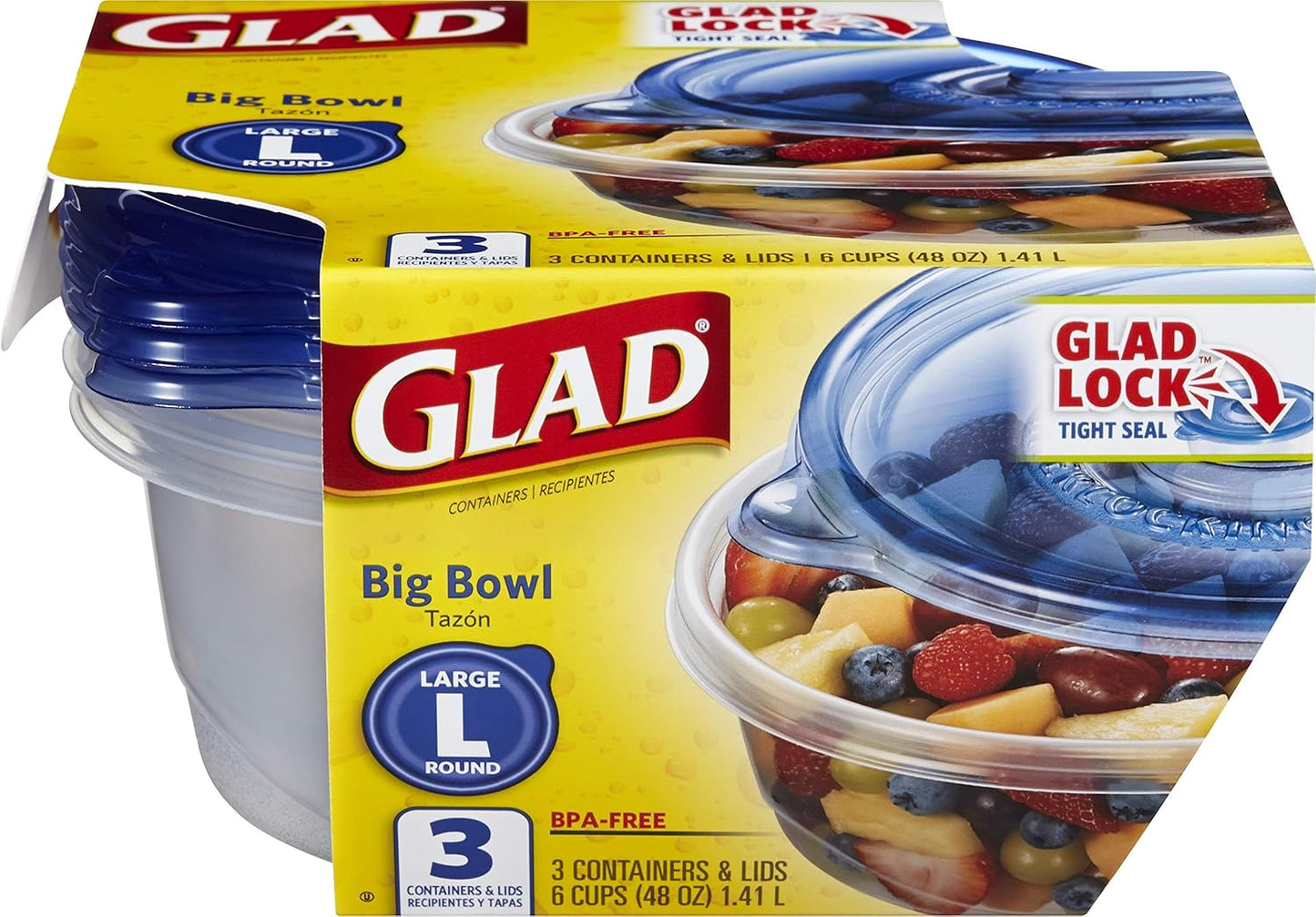 Glad Big Bowl Food Storage Containers, Large Round - (48 Oz) - 3 Count, Standard