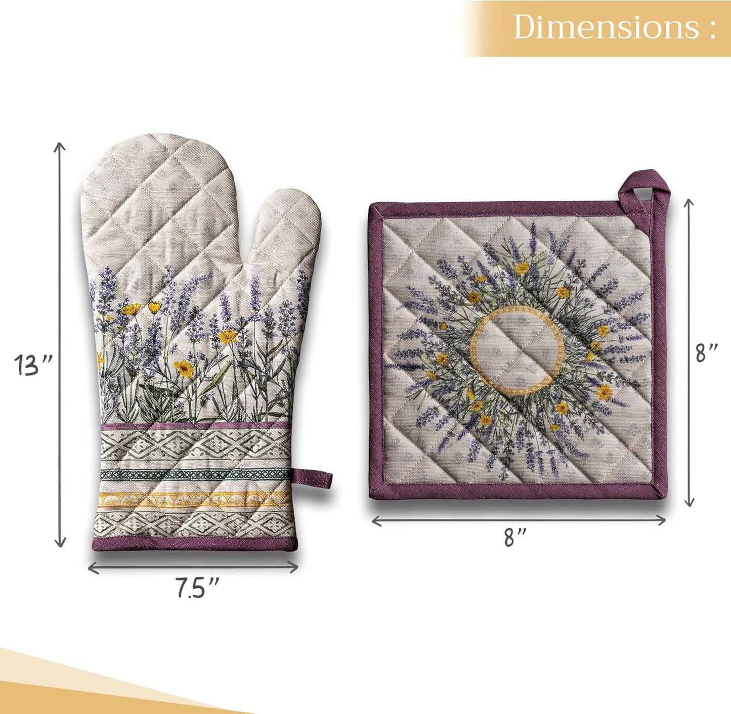 Maison d' Hermine 100% Cotton Oven Mitt & Pot Holder Set (7.5"x13" & 8"x8") Heat Resistant BBQ Cooking Gloves with Loop, Baking, Grilling, Kitchen, Handling Hot Pans Spring/Summer (Fanny Lavender)