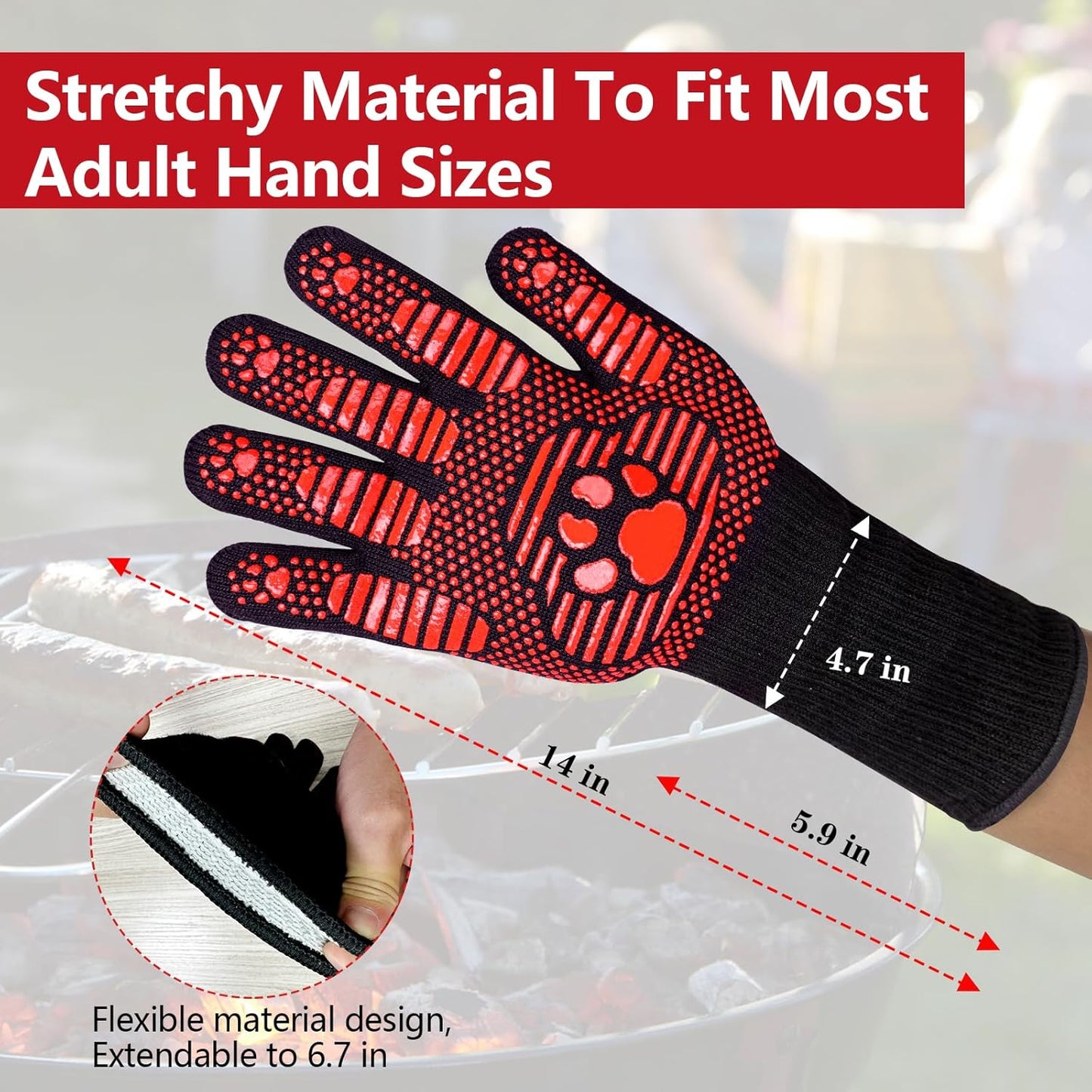 UBeesize Lengthen BBQ Gloves (Bear Paw), 1472°F Heat Resistant Grill Glove, 14 inch Fireproof Oven Gloves for Cooking, Non-Slip Fire Glove for Grilling, Barbecue, Smoker, Baking, Frying