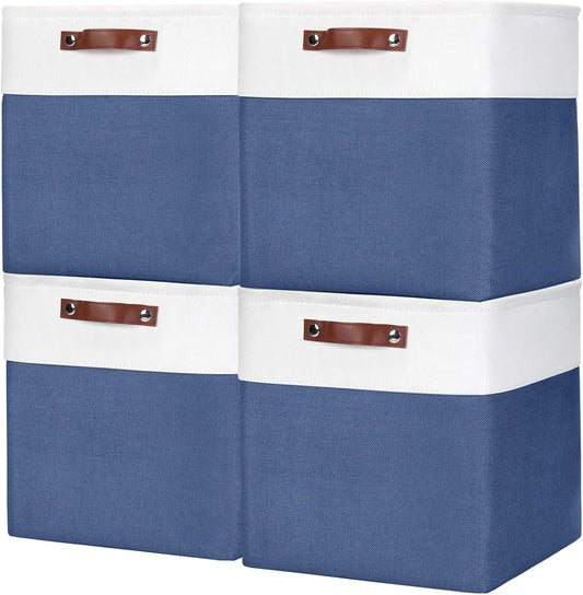 13x13 Cube Storage Bins, Collapsible Fabric Storage Box, 4 Pack Closet Baskets with Handles for Organizing, Shelf, Toys, Clothes, Home, Office, Nursery (NavyBlue&White)