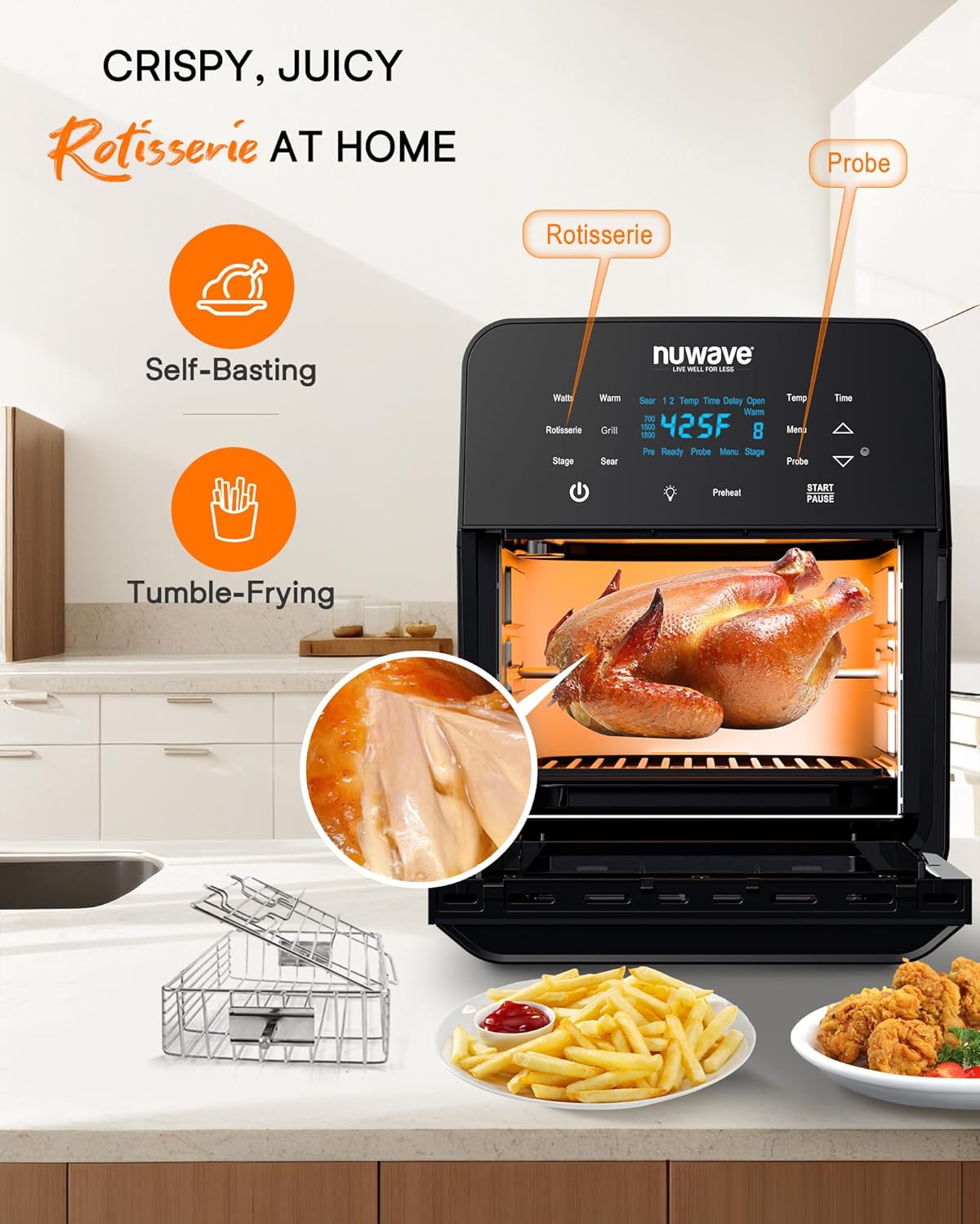 Nuwave Brio 15.5Qt Air Fryer Rotisserie Oven, X-Large Family Size, Powerful 1800W, 4 Rack Positions, 50°-425°F Temp Controls, 100 Presets & 50 Memory, Integrated Smart Thermometer, Linear T Technology