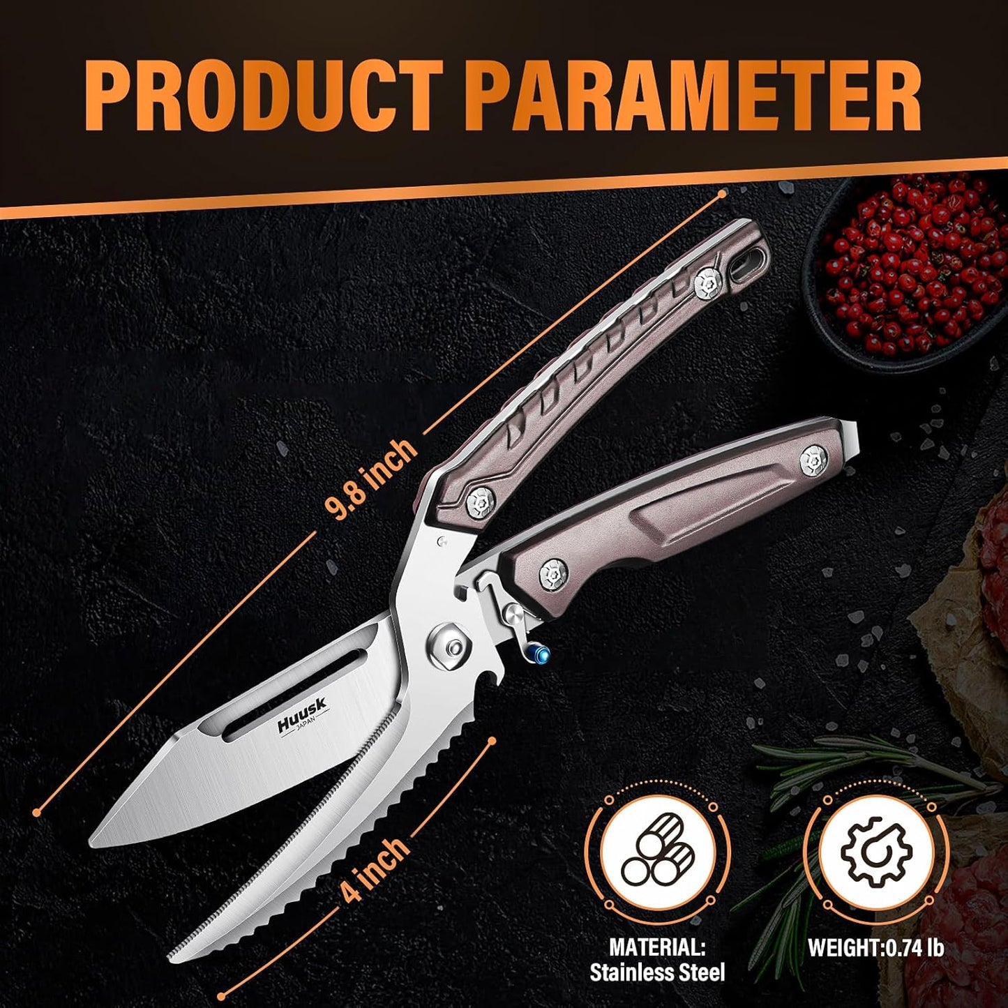 Huusk Heavy Duty Poultry Scissors - Kitchen Scissor for Food with Serrated Edge, Detachable Sharp Shears for Cutting Meat, Chicken Bone and Turkey, Scissors All Purpose for Thanksgiving (Brown)