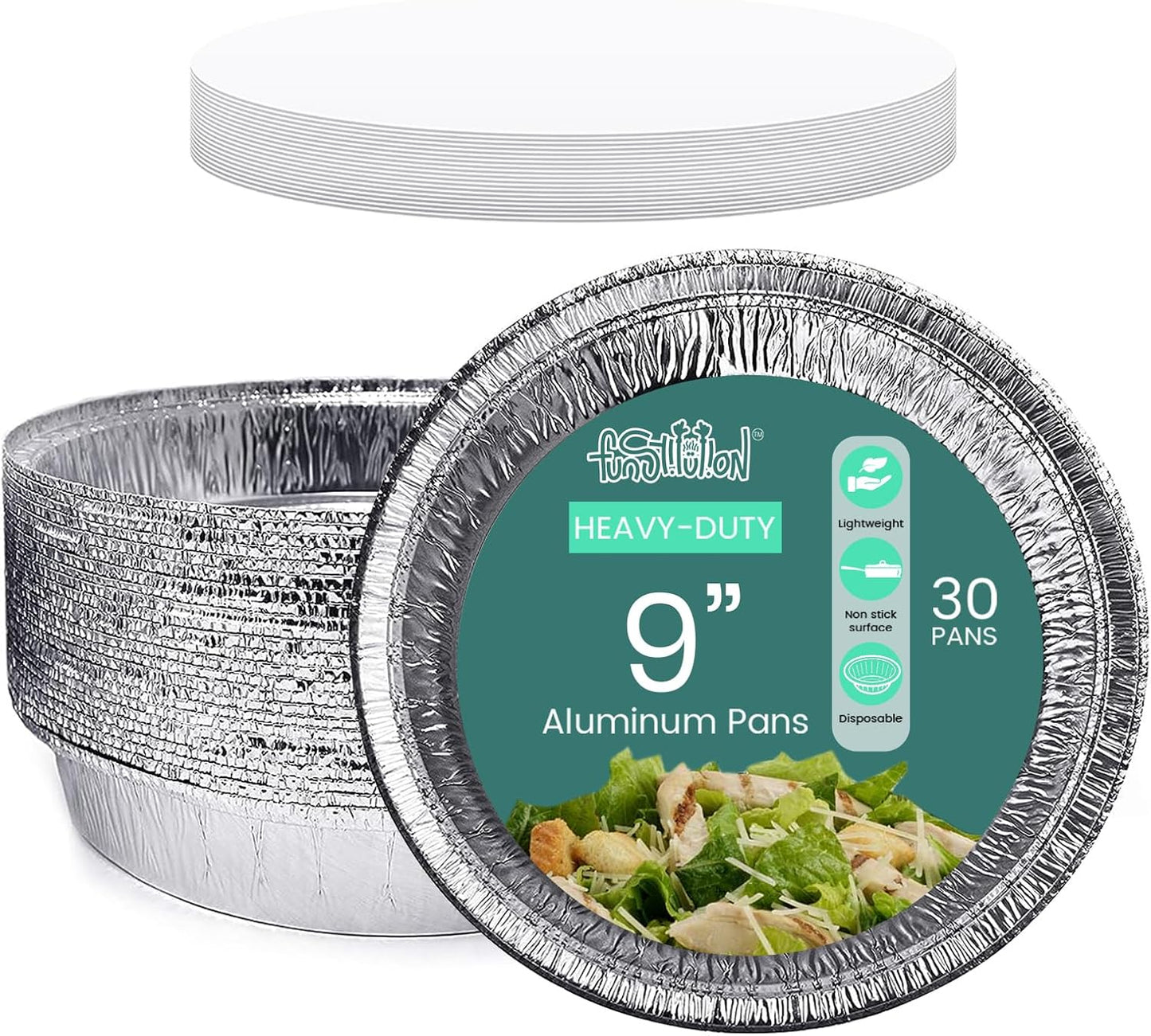 FUNSTITUTION Round Aluminum Pans with Lids (30 Pack) - 9 Inch Disposable Pie Pans - Round Aluminum Foil Pans For Baking, Grilling, Cooking, Storing, Prepping - Pie Tins with Lids