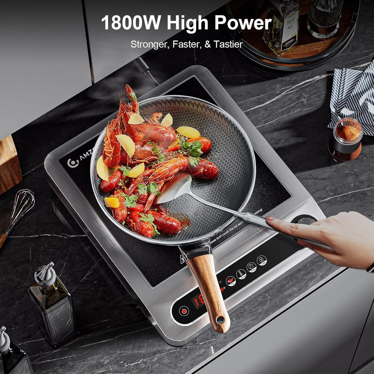 Induction Cooktop, 1800W Commercial Induction Burner, 7.3” Heating Coil Professional Countertop Stove Burner, Hot Plate 3 Hours Timer, 18 Levels Temperature & Power
