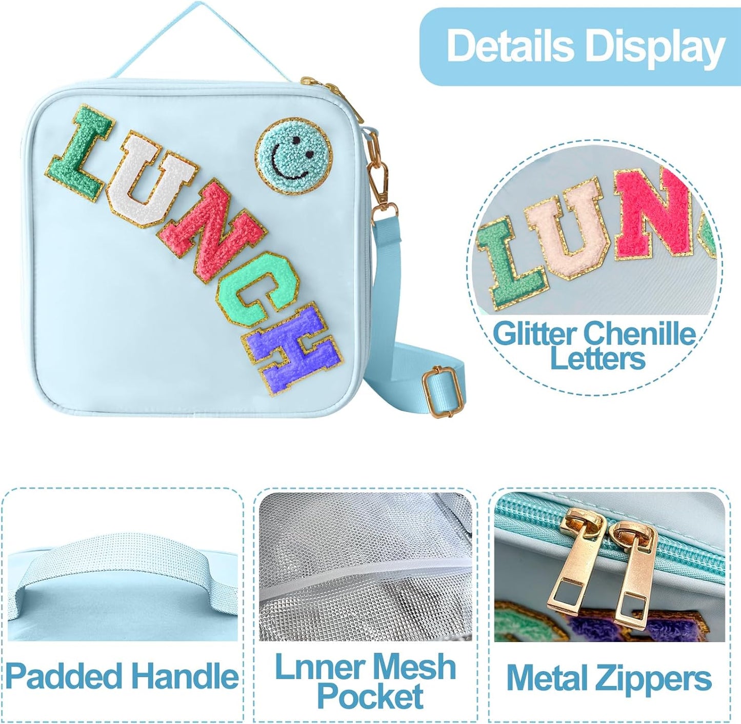 Insulated Lunch Bag With Adjustable Shoulder Strap, Nylon Preppy Lunch Box Large Insulated Lunch Bag Reusable Lunch Tote Bag with Smiley Preppy LunchBag for Girls School Travel Picnic (Blue)