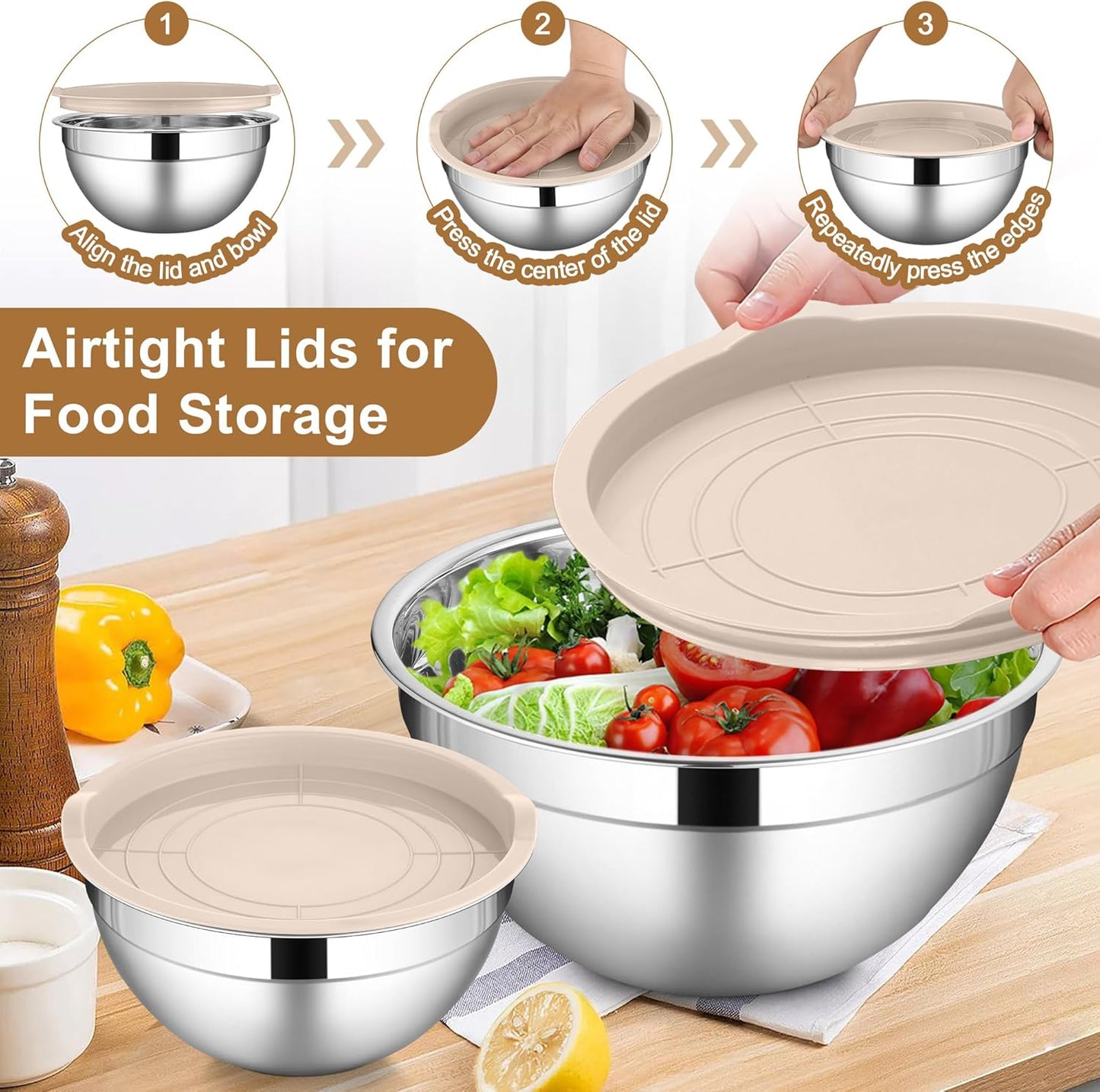 LIANYU Mixing Bowls with Airtight Lids Set, 6 Piece Stainless Steel Metal Kitchen Nesting Bowl, Size 7, 3.5, 2.5, 2, 1.5, 1QT for Prepping, Baking & Food Storage, Dishwasher & Freezer Safe, Khaki