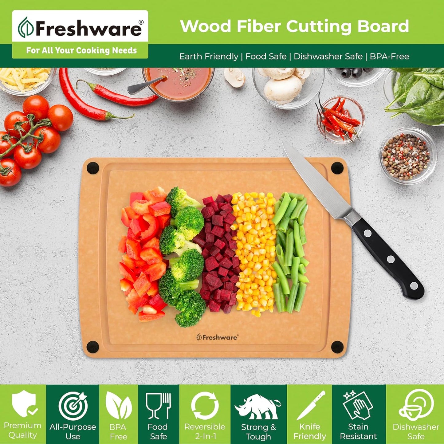 Freshware Wood Cutting Board for Kitchen, Juice Groove, Non-Slip Silicone Feet, Dishwasher Safe, Medium, 12" x 9", Natural