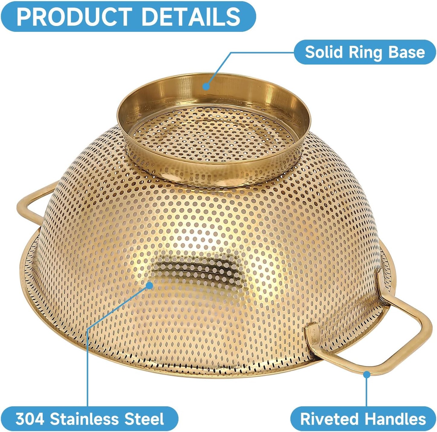 Gold Strainer for Kitchen, 3QT, Stainless Steel Colander with Handle for Fruits Vegetables Cooking Food, Dishwasher Safe