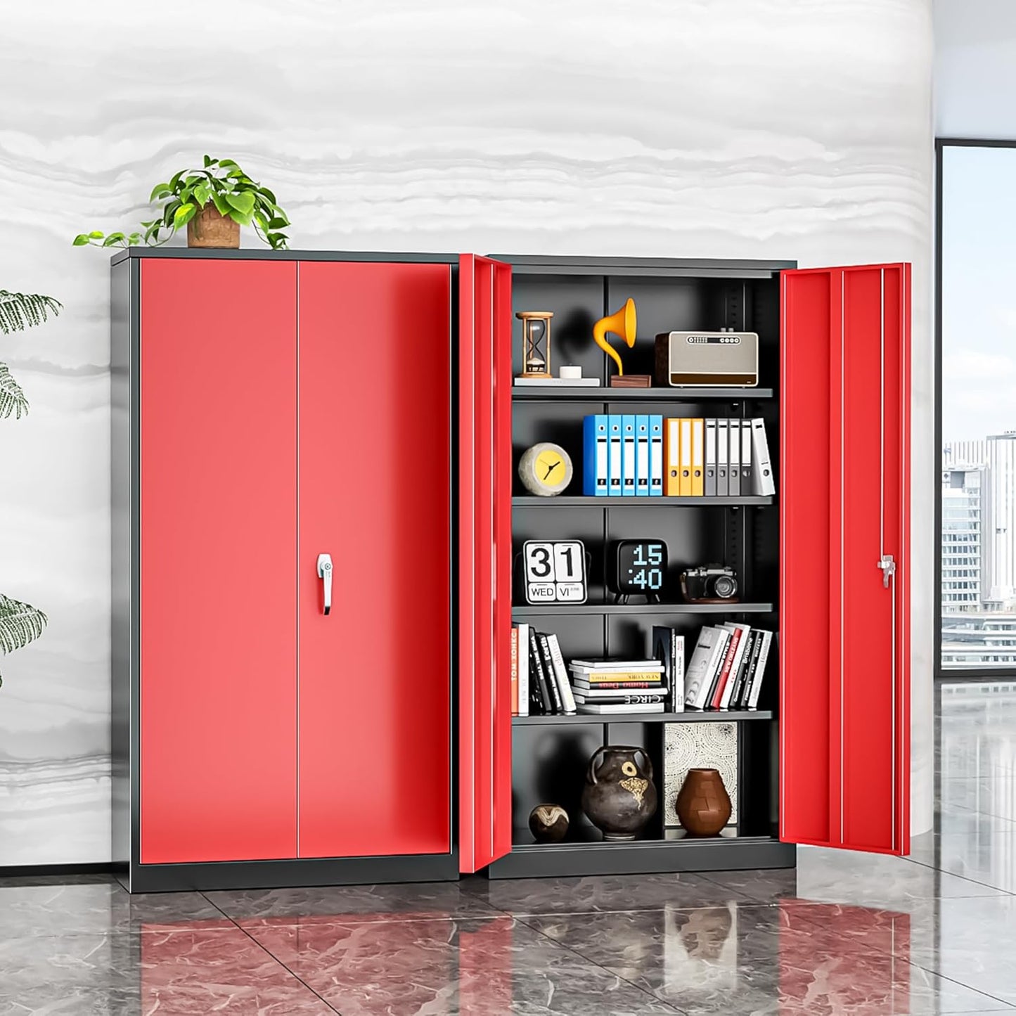 INTERGREAT Storage Cabinet, 72” Steel Locking Closet with Doors and 4 Adjustable Shelves, Tool Unit for Home Office, Garage & Tall Lockable File Cabinet, Black Red.