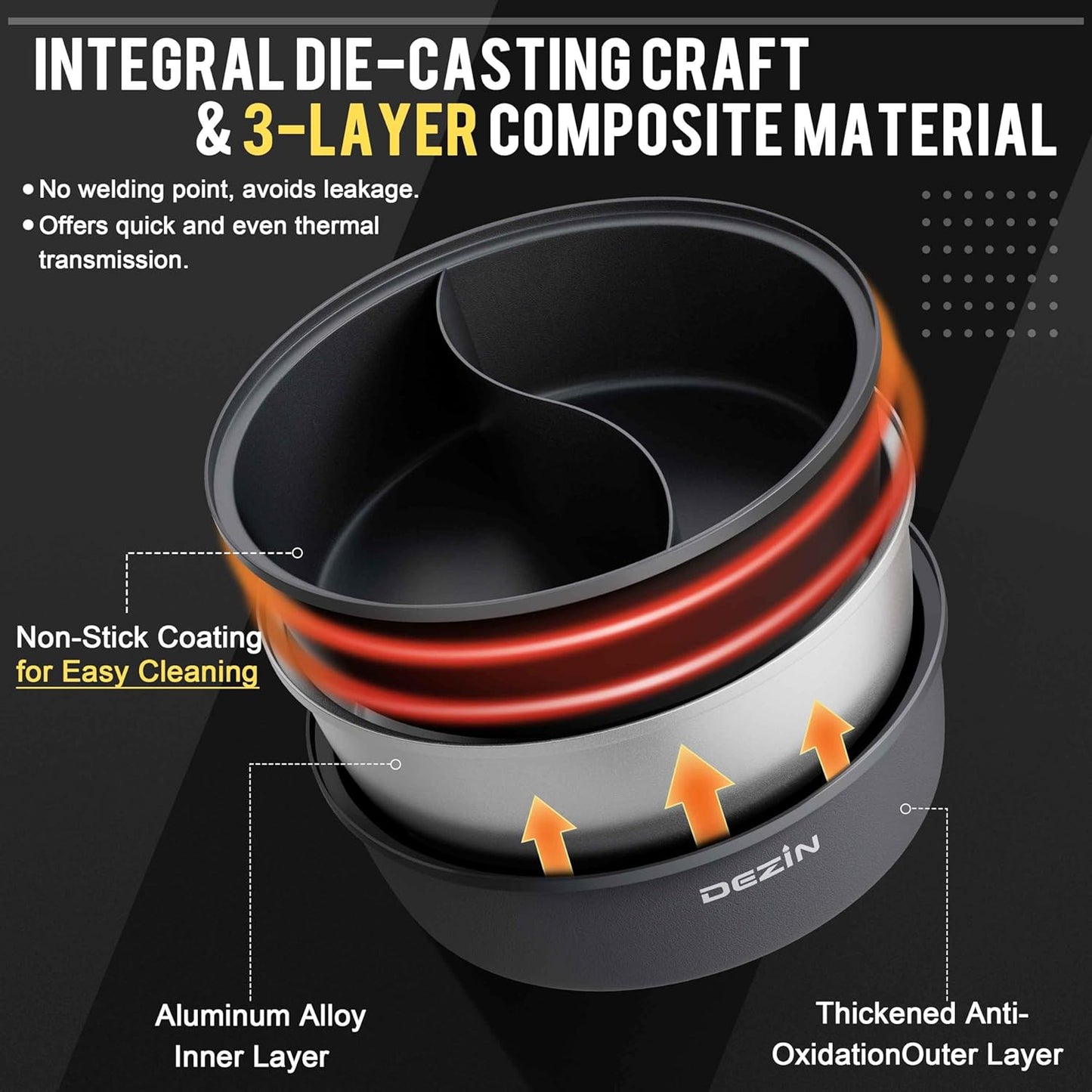 Dezin Hot Pot Electric with Divider, 6L Double-Flavor Shabu Shabu Pot, Dual Sided Removable Non-Stick Hotpot Pot Electric, 3" Depth Chinese Hot Pot with Multi-Power Control, 2 Silicone Ladles Included