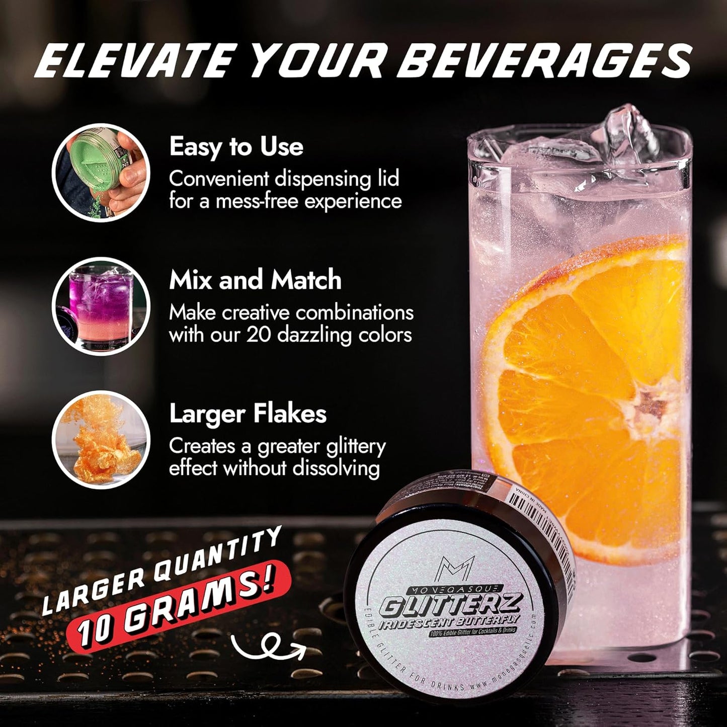 MONÉGASQUE Iridescent Edible Glitter for Drinks 10g – Halloween Edible Glitter for Cakes & Cocktails - Cocktail & Drink Shimmer Powder - Food Decorating Sprinkles, Cupcakes, & Cake Decorations Spray