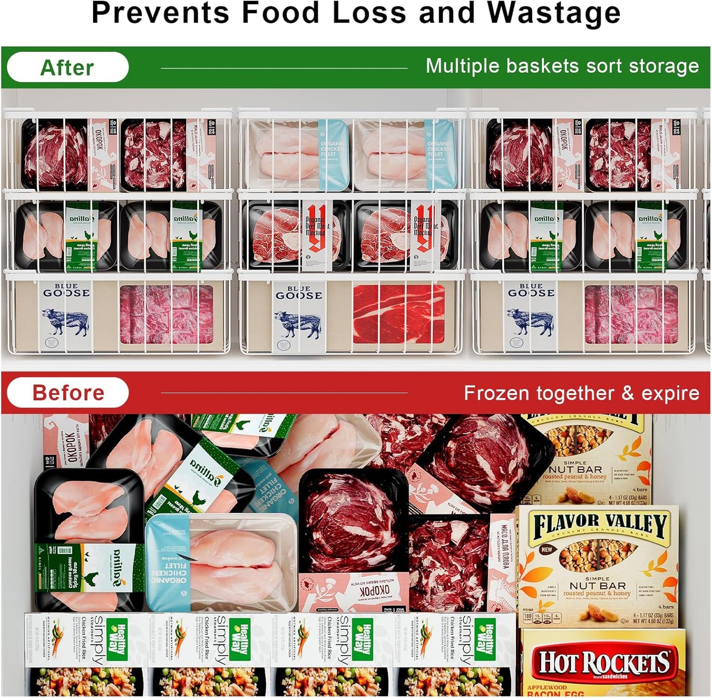 Freezer Storage Organize Baskets - 6 Pack Stackable Deep Freezer Organizer Bins for Most 7 Cu.FT Chest Freezer with Handles, Sturdy but Light, Metal Coated, Add Space, Easy to Reach