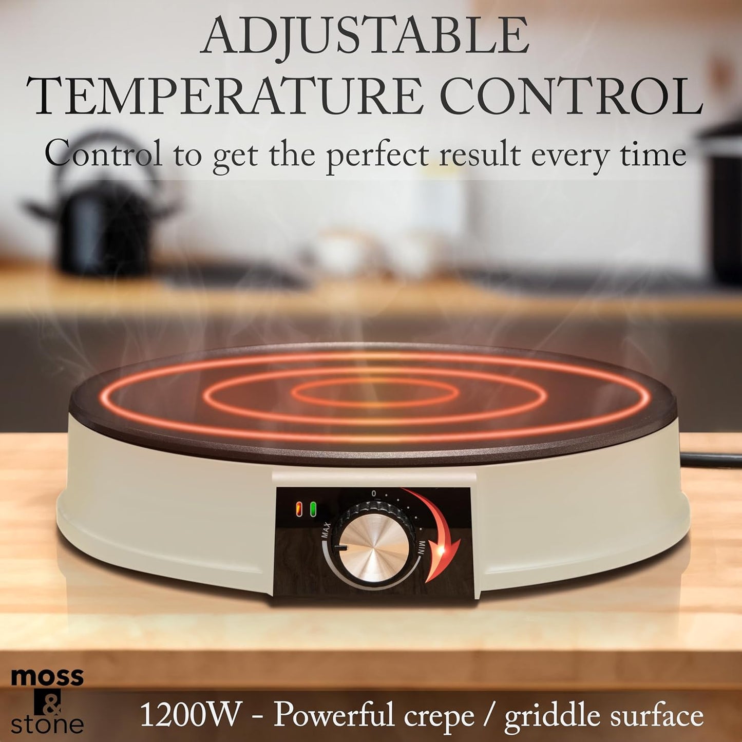 Moss & Stone Beige 12 Inch Electric Griddle & Crepe Maker Machine. Electric Crepe Maker with Adjustable Temperature for Blintzes Pancakes & Tortilla, Non-Stick Crepe Pan & Batter Spreader & Spatula