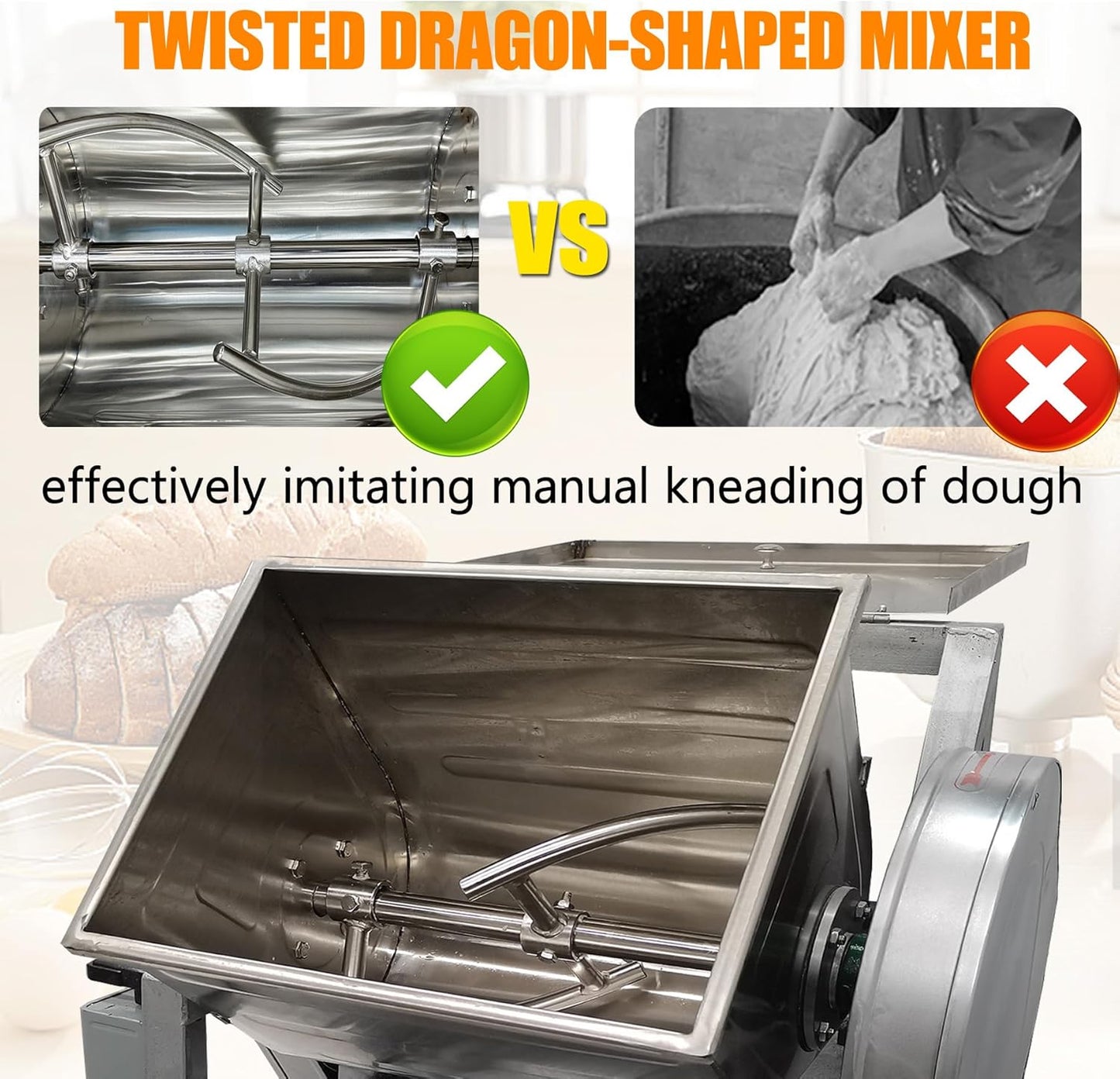 Commercial Dough Mixer, 15KG Stand Spiral Food Flour Mixer Dough Kneading Machine with 15.5 x 12 x 14inch Bowl Size and 90 Degree Tilt for Schools, Restaurant, 110V ﻿