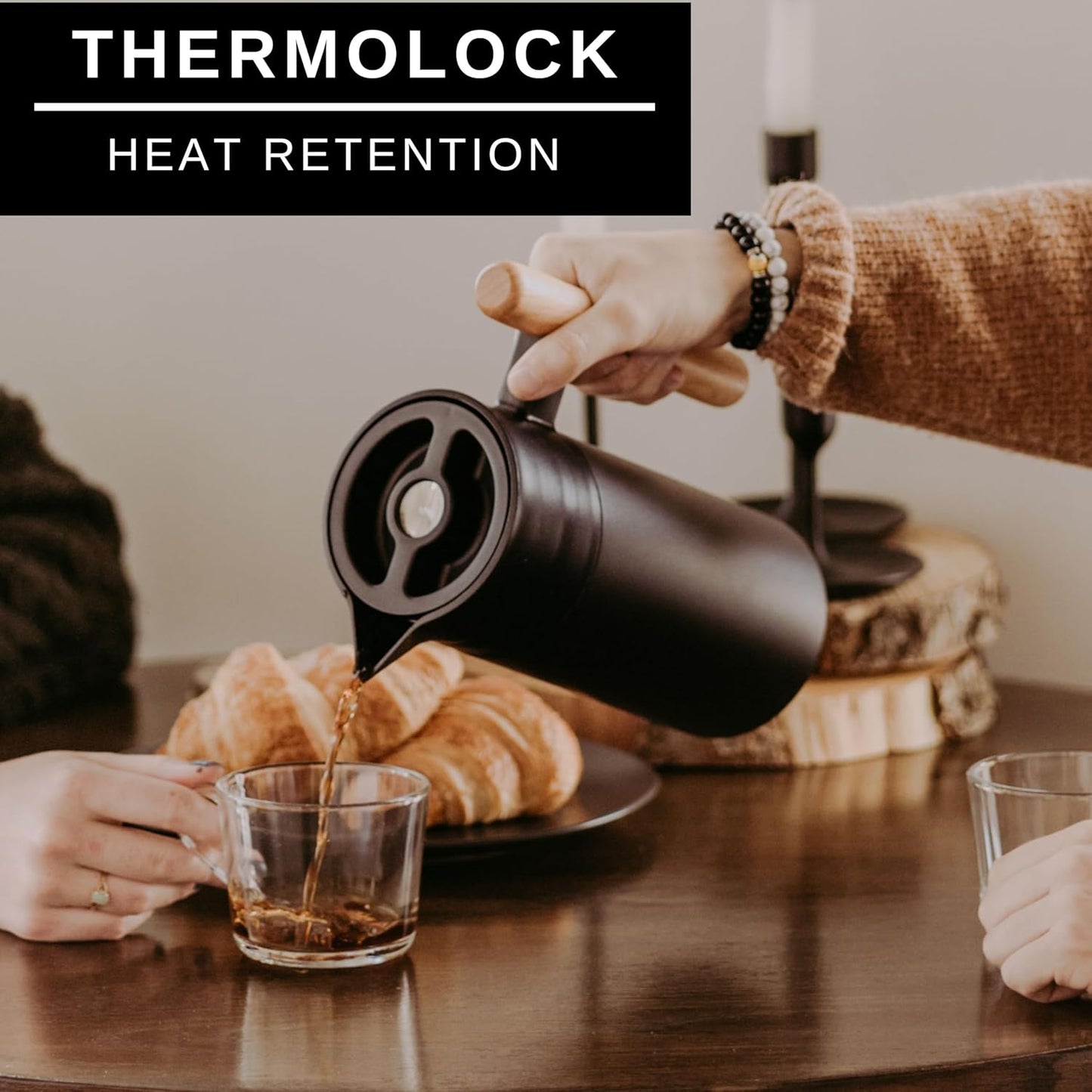 Hastings Collective Thermal Coffee Carafe 40 Oz - Stainless Steel Double Walled Vacuum Insulated Carafe - 1 Liter Thermal Coffee Pot Thermos, Travel Size Beverage Dispenser with Tea Infuser (Black)