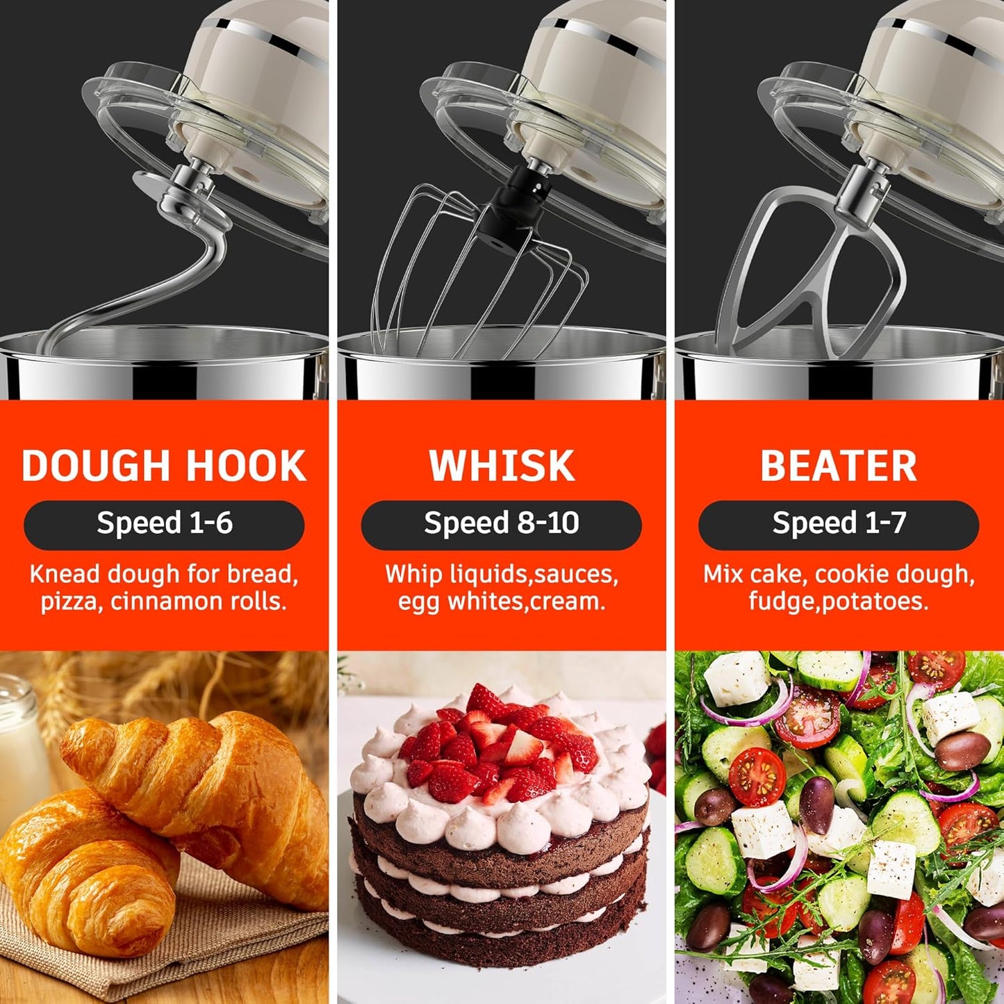 Stand Mixer, 5.5 Quart, 10 Speed Tilt-Head Food Mixer, Kitchen Electric Mixer with SS Bowl, Copper Motor, Beater, Dough Hook, SS Egg Whisk (450W Cream)