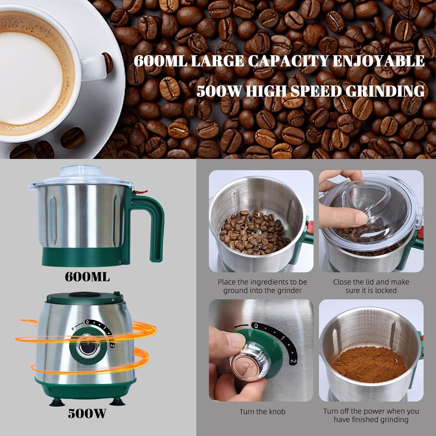 Versatile Kitchen Grinder | 500W Electric Mill | Grinds Spices, Nuts, Grains, Coffee | 3 Stainless Steel Blades | Dry Use (Green)