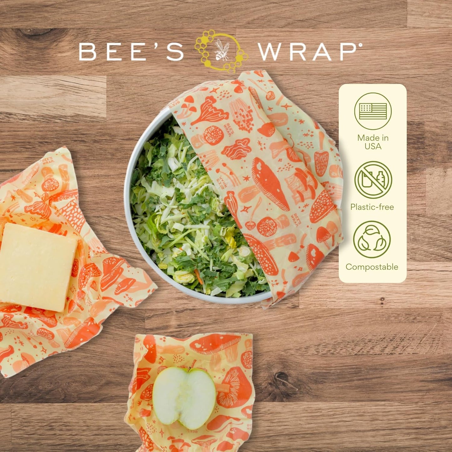 Bee's Wrap Beeswax Wraps for Food - Mushroom Magic 3 Pack (S, M, L) Made in USA Reusable & Organic Food Wraps, Sandwich Wrap & Bowl Covers - Eco-Friendly Alternative to Aluminum Foil & Plastic Wrap