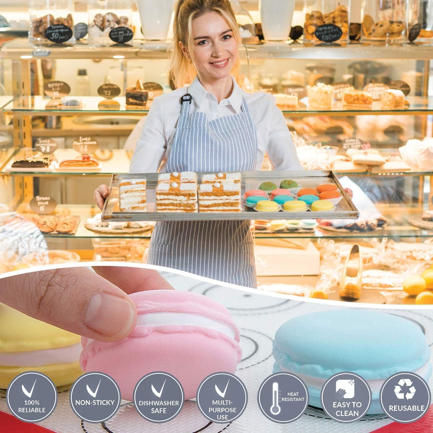 HOTPOP Piping Bags and Tips Set for Macarons - 17-Piece Baking Supplies Kit - Reusable Silicone Pastry Bags - 2 Half-Size Baker Mats - Ideal for Home Pastry Baking (16.5"x11.5")