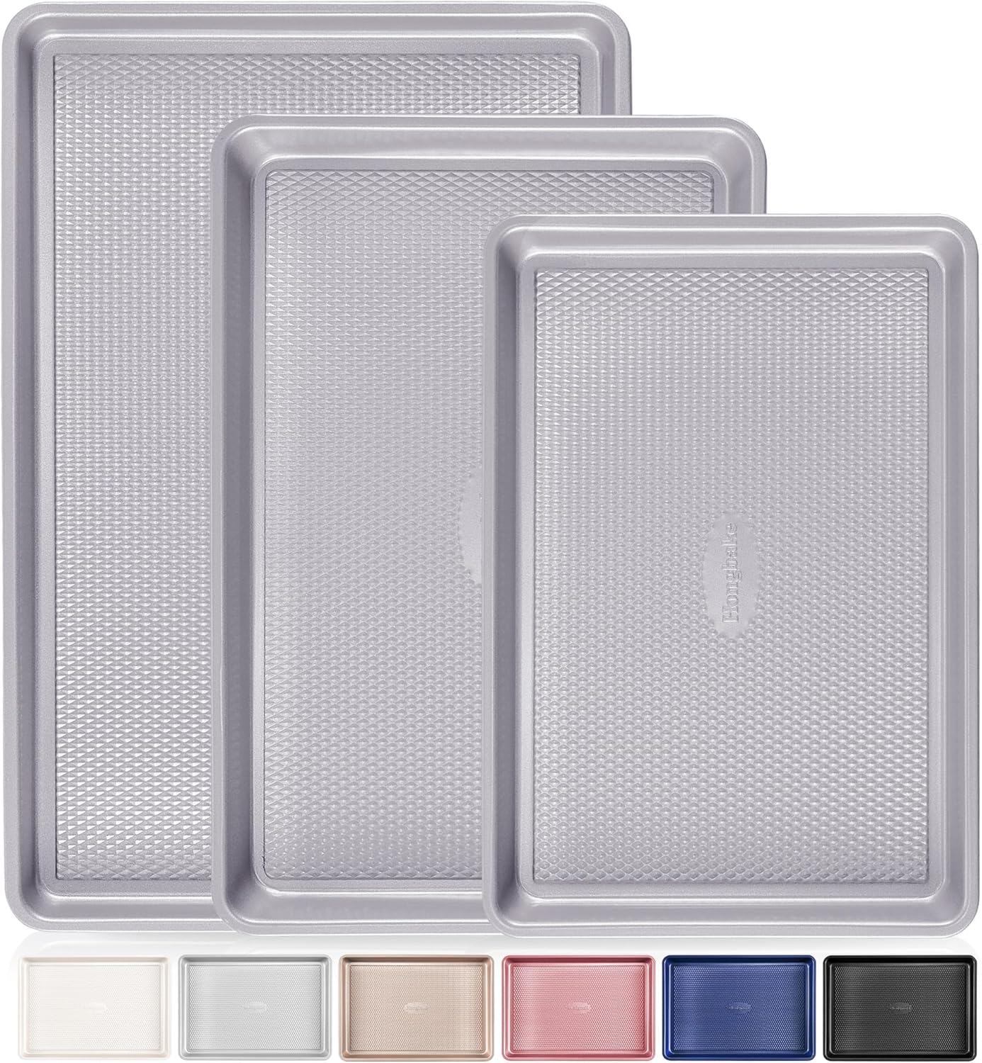 HONGBAKE 3 Pack Nonstick Ceramic Baking Sheet Pan Set for Oven, Non-Toxic Half/Quarter/Jelly Roll Pans with Diamond Texture, Heavy Duty 0.8mm Aluminized Steel Cookie Trays for Cooking, Light Grey