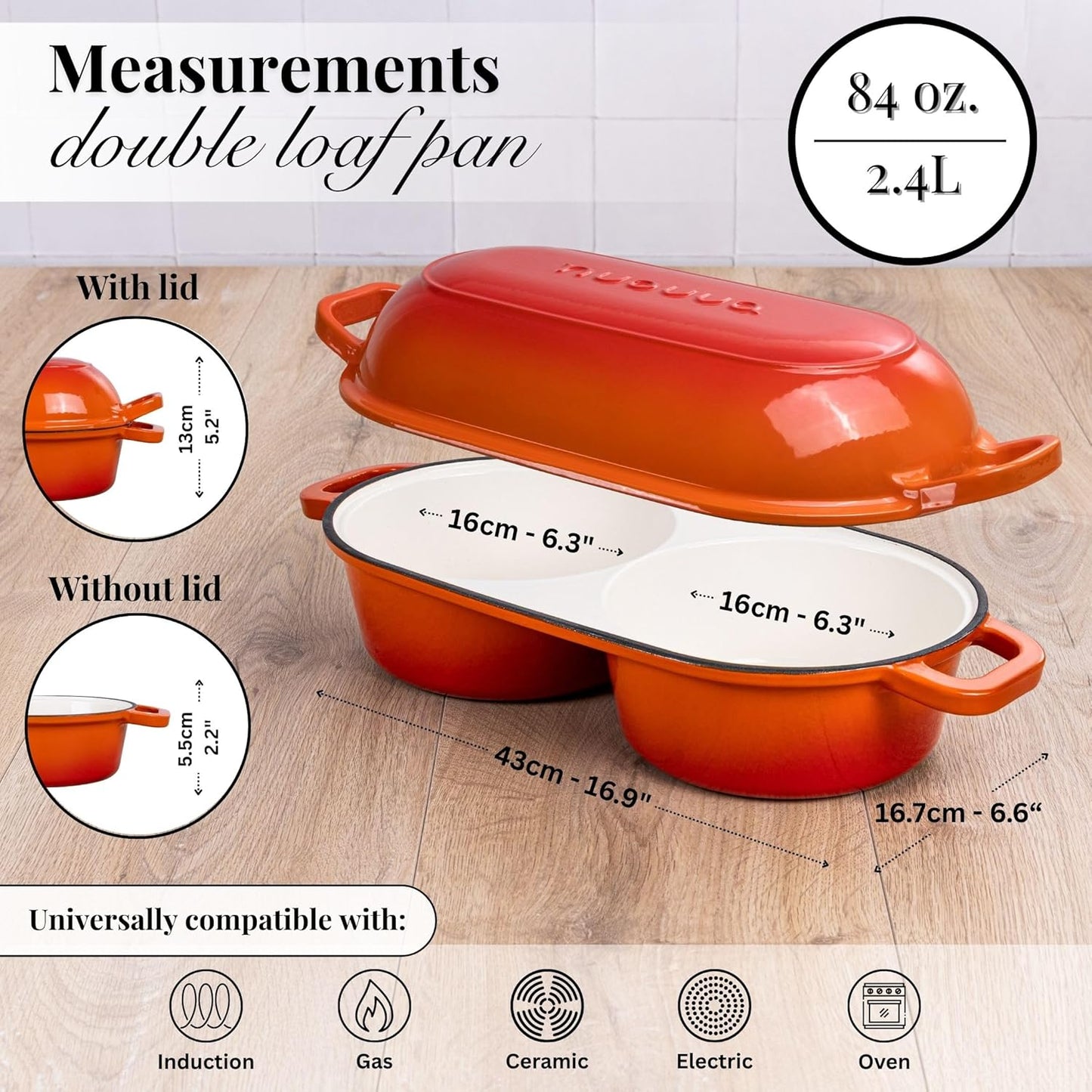 nuovva Dutch Oven For Sourdough Bread Baking – Enamelled Cast Iron Bread Loaf Pot – 500°F Oven Safe Non Stick Bread Pot – Double Round Loaf Space, 16.5cm Diameter, Orange