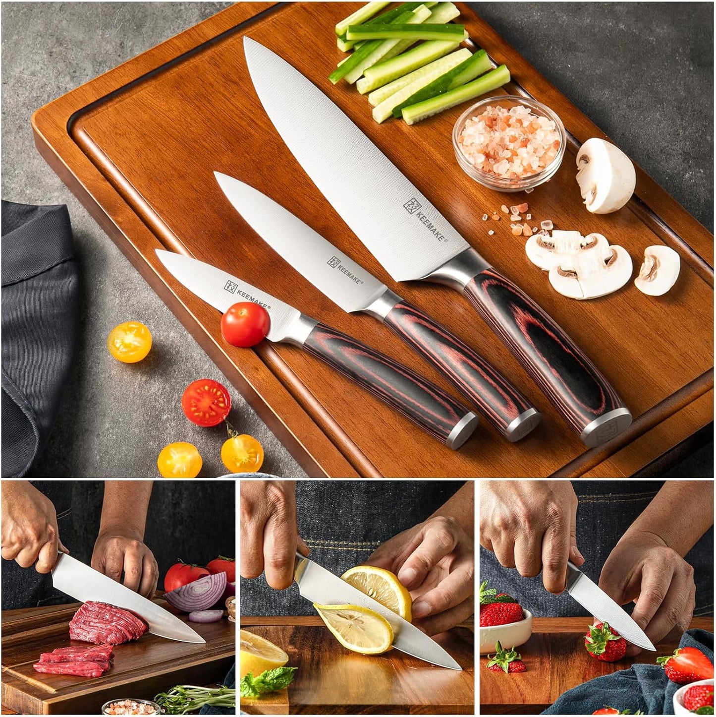 KEEMAKE Knife Set 3 Pieces - Kitchen Knives 1.4116 High Carbon Stainless Steel Professional Chef Knife Set, Razor Sharp Cooking Knife with Ergonomic Pakkawood Handle for Home Cooking and Restaurant