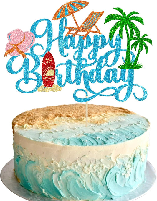 Gyufise 1Pcs Summer Beach Happy Birthday Cake Topper Glitter Ball Tree Umbrella Pool Cake Pick for Hawaiian Holiday Baby Shower Birthday Party Cake Decorations Supplies Blue