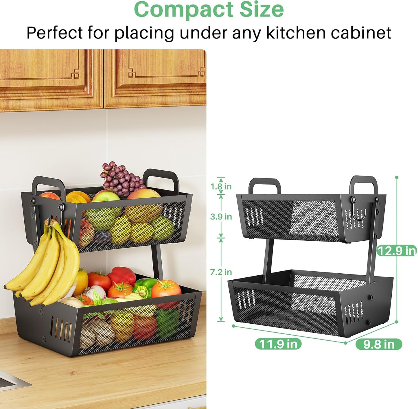 Fruit Basket Bowls For Kitchen Counter with Banana Hangers - Detachable Metal Fruit Stand with Handle - Kitchen Vegetables Bread Snacks Storage Organization, 2 Tier Black
