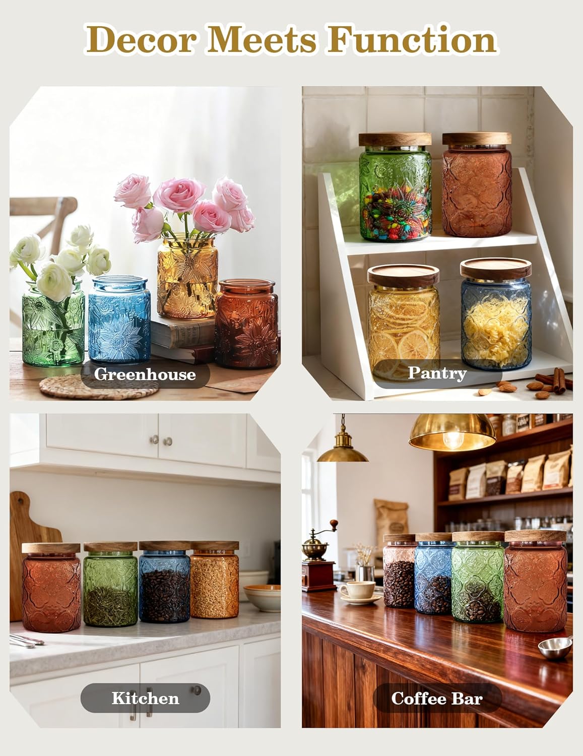 Glass Jar with Airtight Wood Lid – 24 OZ Kitchen and Pantry Canister, Decorative Vintage Storage Container for Candy, Coffee, Cookie, Cereal, Flour, Sugar, Tea, Green Sunflower