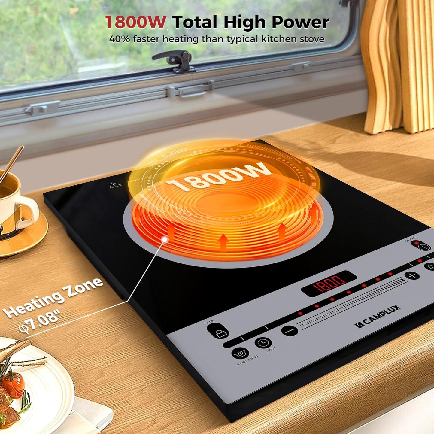 CAMPLUX Portable Induction Cooktop 1800W, 120V Single Burner Electric Cooktop with Kids Safety Lock, 7 Power & Temperature Levels Setting Induction Burner with Timer, Countertop or Built-in