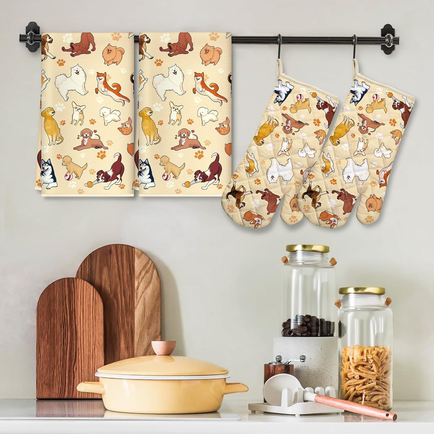 Cute Dogs Kitchen Towels and Oven Mitts Set 4Pcs, Soft Absorbent Dish Cloth Heat Resistant Oven Gloves for Cooking Baking Kitchen Decoration, Gifts for Her