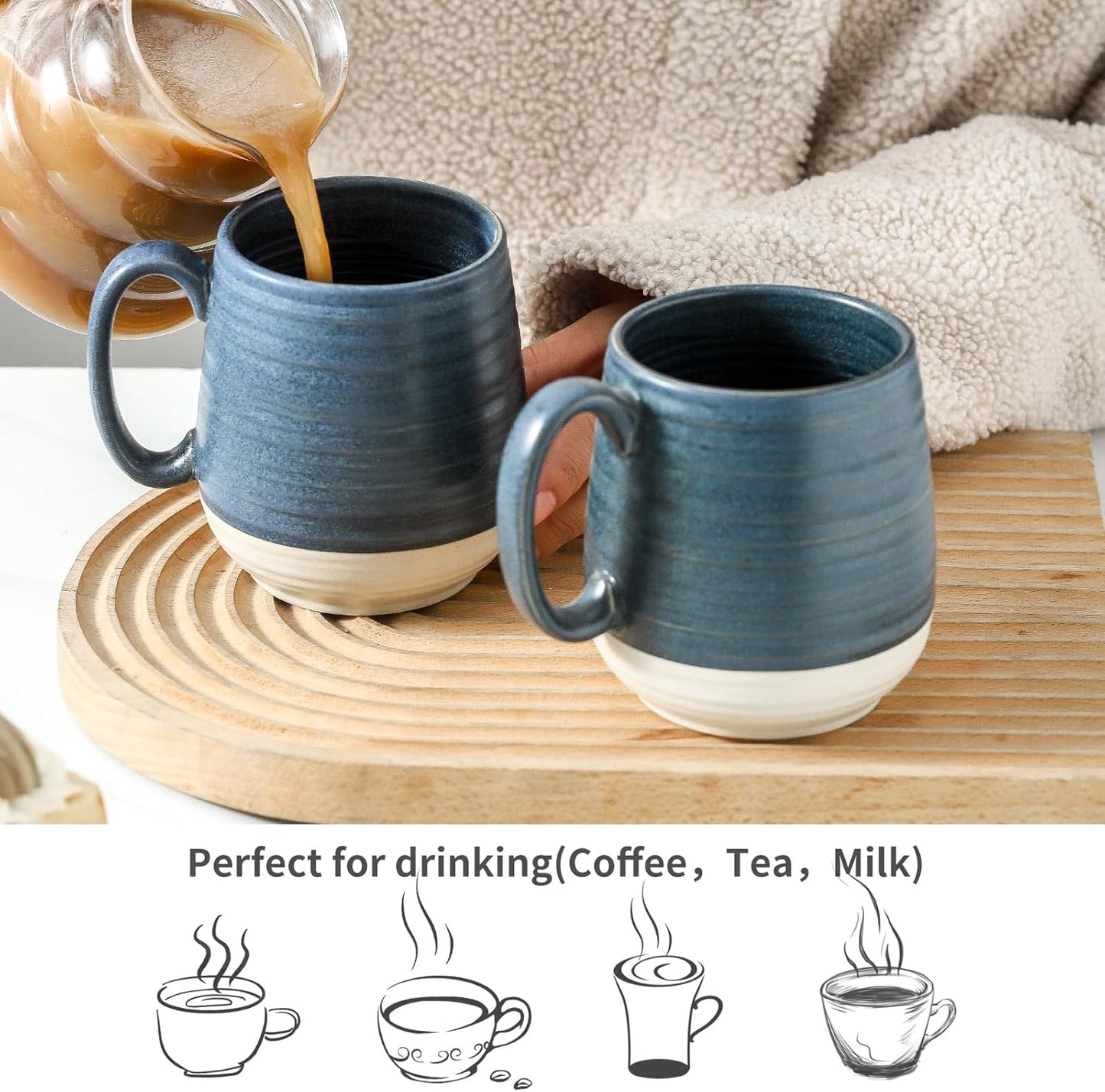 Hasense Ceramic Coffee Mugs Set of 2, 20 oz Tea Cups with Comfortable Handles, Perfect for Coffee, Latte, and Hot Beverages, Microwave and Dishwasher Safe, Deep Blue