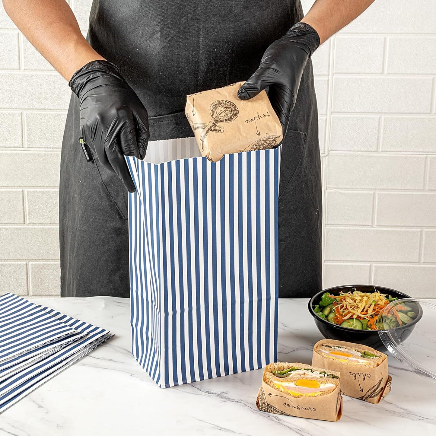 Restaurantware Bag Tek 12 LB Disposable Lunch Bags 100 Sturdy Take Out Bags - Flat Bottom Great For Restaurants Cafes And Bakeries Blue And White Paper Popcorn Bags Versatile For Grocery