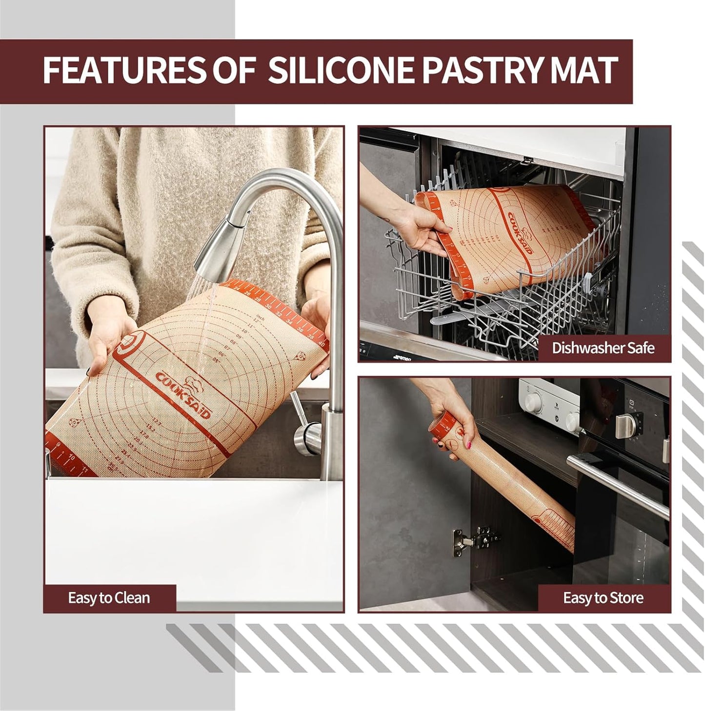 Cook's Aid Silicone Pastry Mat Extra Large with Measurements 26''x16'' for Reusable,Non-slip Silicone Baking Mat, Counter, Dough Rolling, Oven Liner,Fondant/Pie Crust, Red