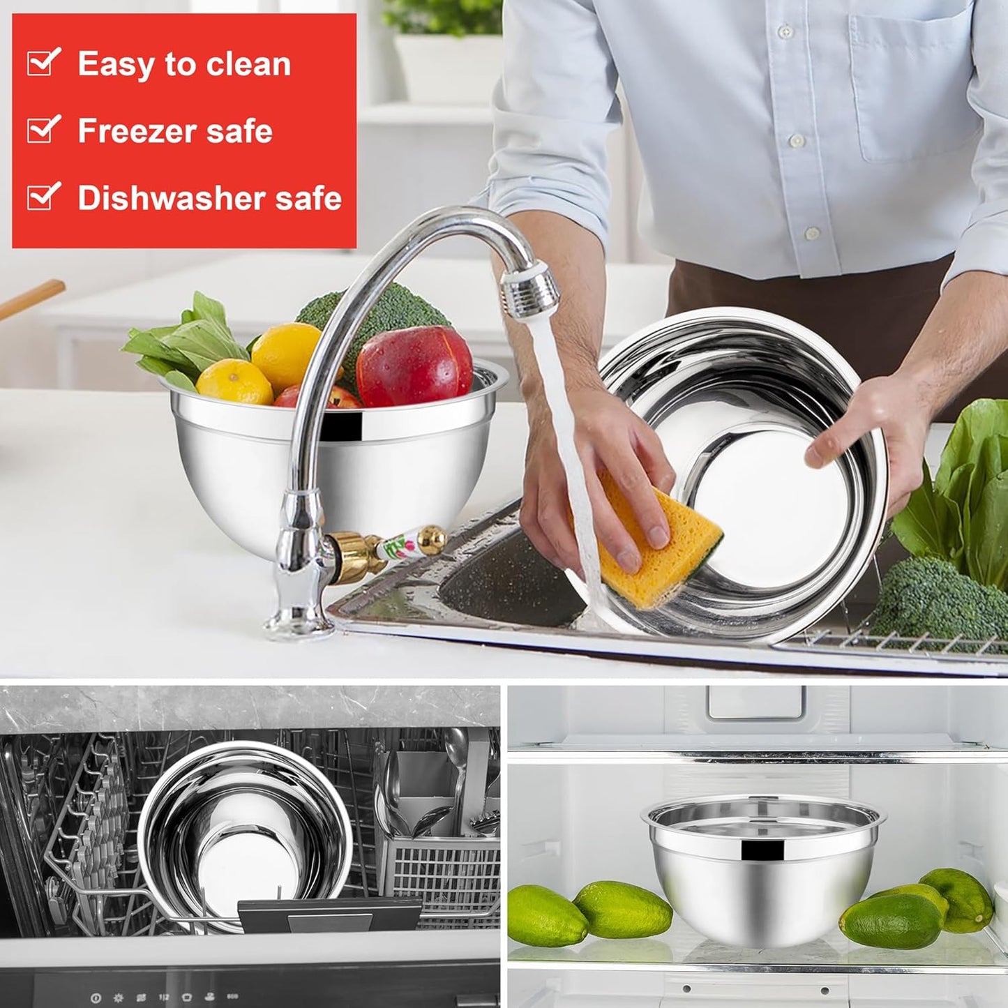 E-far Mixing Bowls with Lids, 6-Piece Stainless Steel Salad Bowls Metal Nesting Bowls for Baking Cooking and Prepping, Airtight Lids & Stackable Design, Size 4.5, 3, 1.5 QT (Red)