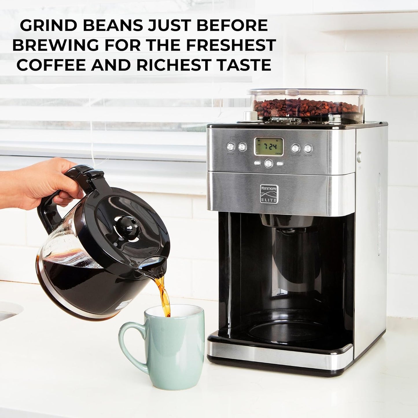 Kenmore Elite Grind And Brew Coffee Maker - Burr Grinding Ground Coffee Bean Hopper With Drip Pot, 12 Cup Programmable Automatic Brew Coffee Machine For Barista Style Cafetera, Use For Kitchen & Café