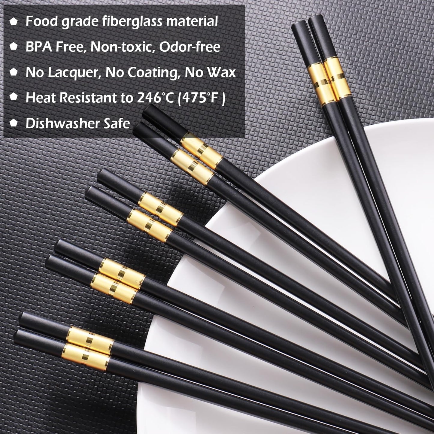 GLAMFIELDS 5 Pairs Premium Chopsticks Reusable Dishwasher Safe 9.5 Inch Fiberglass Chop Sticks Gift Set Non Slip Black+Gold