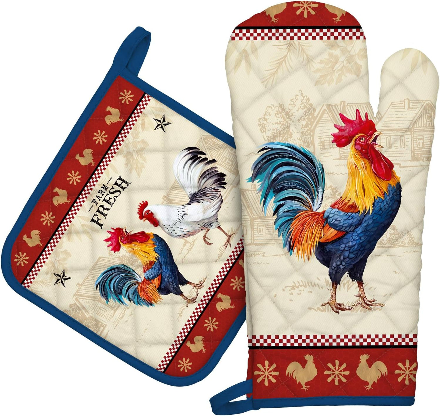 Rooster Oven Mitts and Pot Holders Sets 100% Cotton Heat Resistant, Extra Long Oven Gloves Potholder for Kitchen Cooking Baking Housewarming