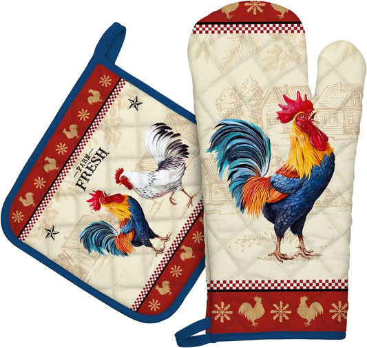 Rooster Oven Mitts and Pot Holders Sets 100% Cotton Heat Resistant, Extra Long Oven Gloves Potholder for Kitchen Cooking Baking Housewarming
