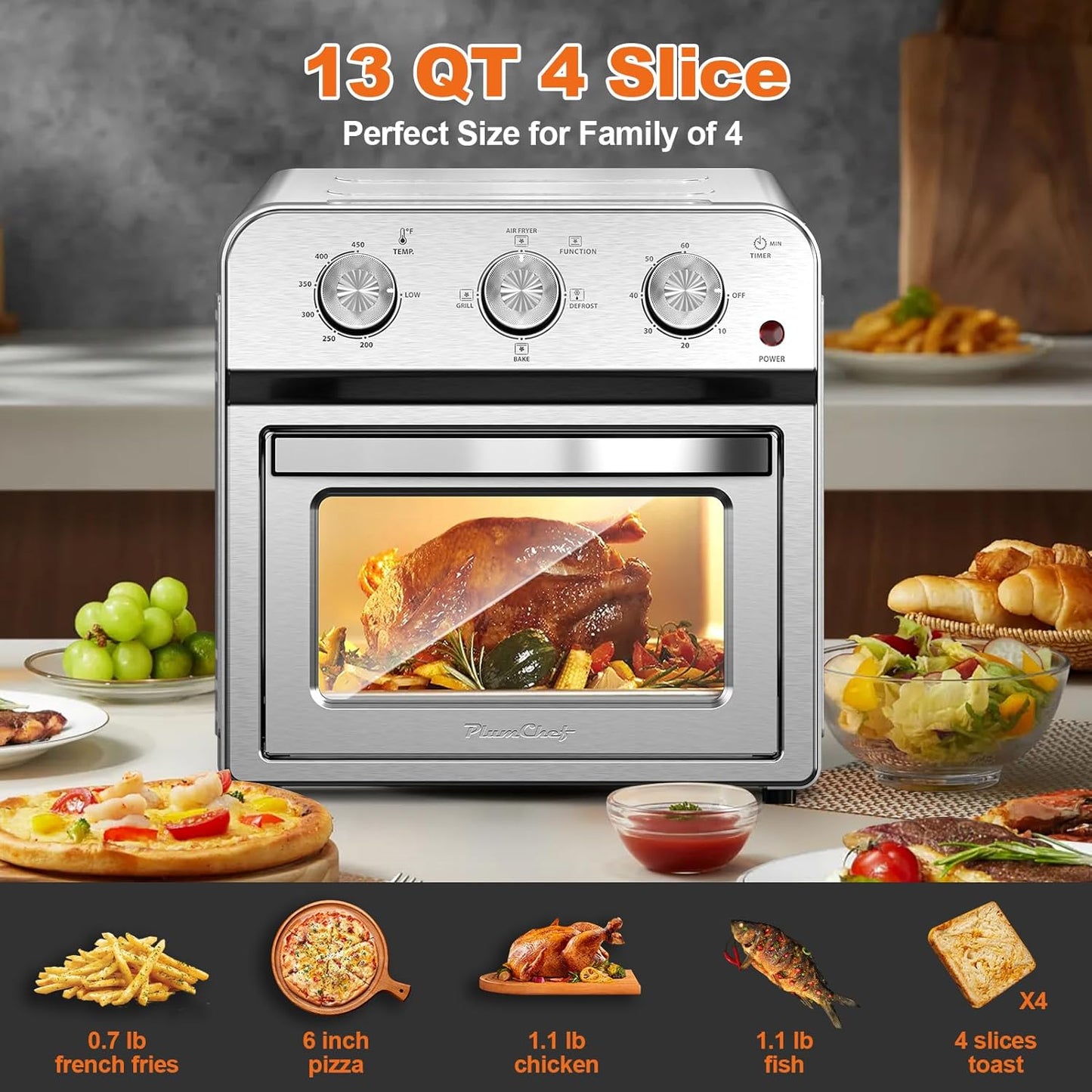 PlumChef 13 Quart 4 Slices Air Fryer Convection Toaster Oven, 1500W, Multifunction Oven for Roast, Bake, Grill, Broil, Toast（stainless steel）