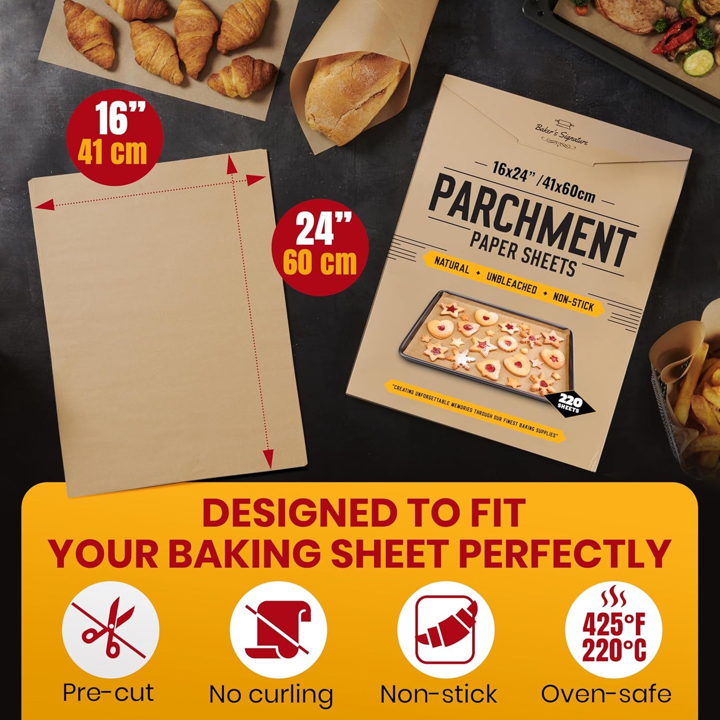 [220 Sheets] Full Sheet Pan 16 x 24 Inch Parchment Paper Baking Sheets by Baker’s Signature | Precut Silicone Coated & Unbleached – Will Not Curl or Burn – Non-Toxic & Comes in Convenient Packaging