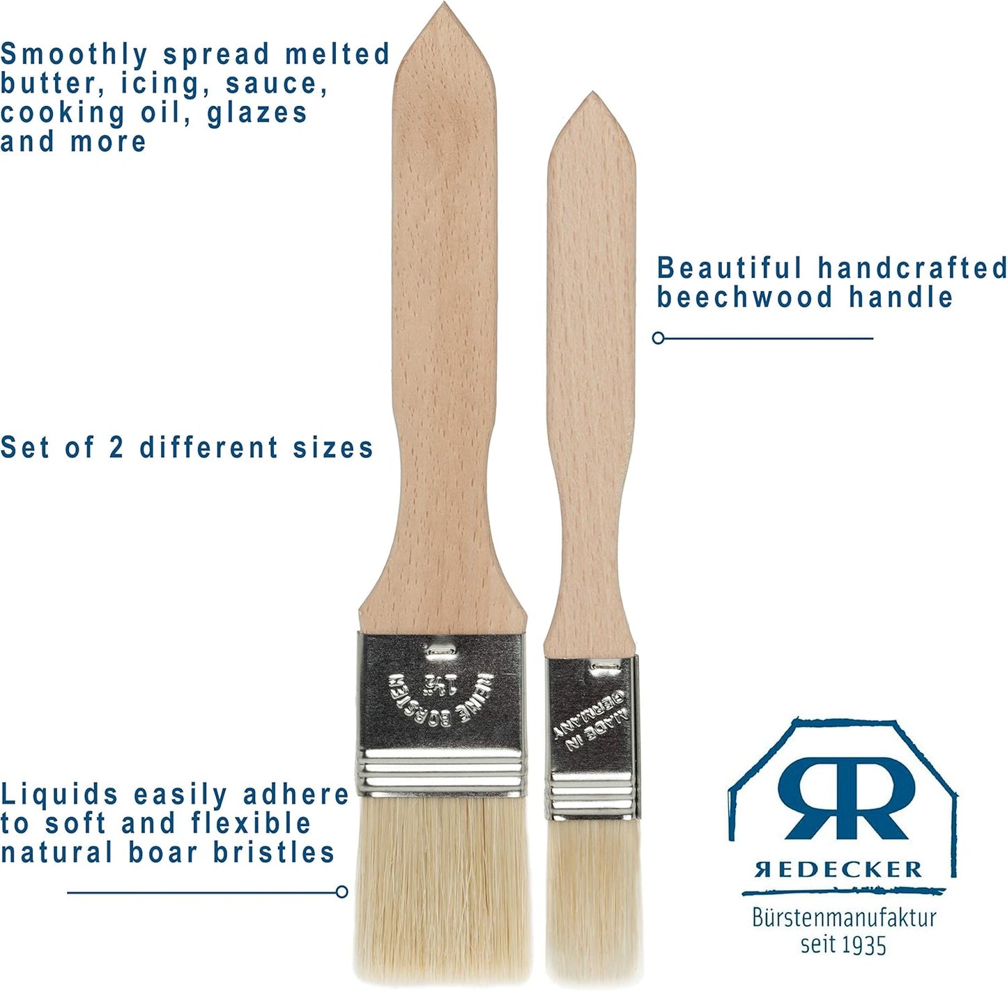 REDECKER Pastry Brushes Set with Untreated Beechwood Handles - 2 Different Sizes - Multi-purpose Brushes - Natural Bristle Basting Brush for Glazing and More - Wood Pastry Brush German Designed