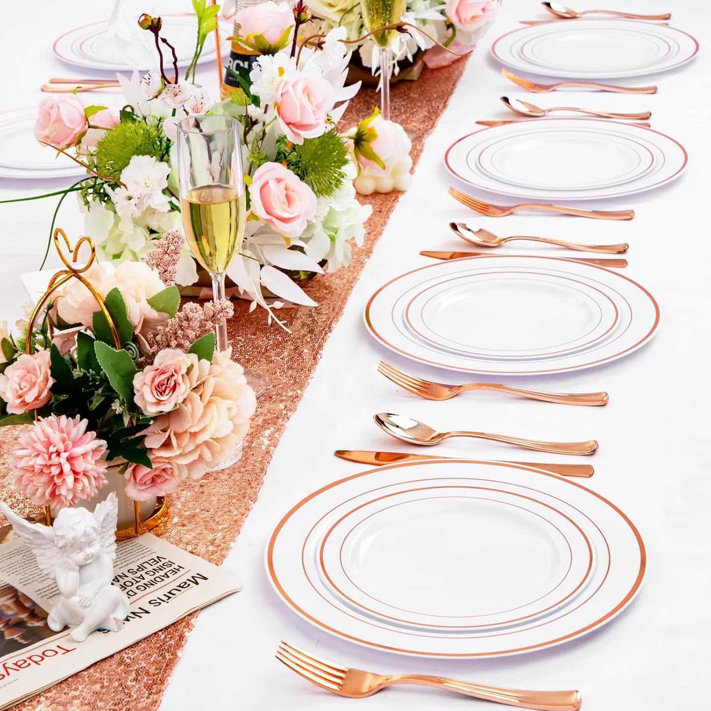 FLOWERCAT 60PCS Rose Gold Plastic Plates - Heavy Duty Rose Gold Plates Disposable for Party Wedding- Include 30PCS 10.25inch Dinner Plates and 30PCS 7.5inch Dessert Plates