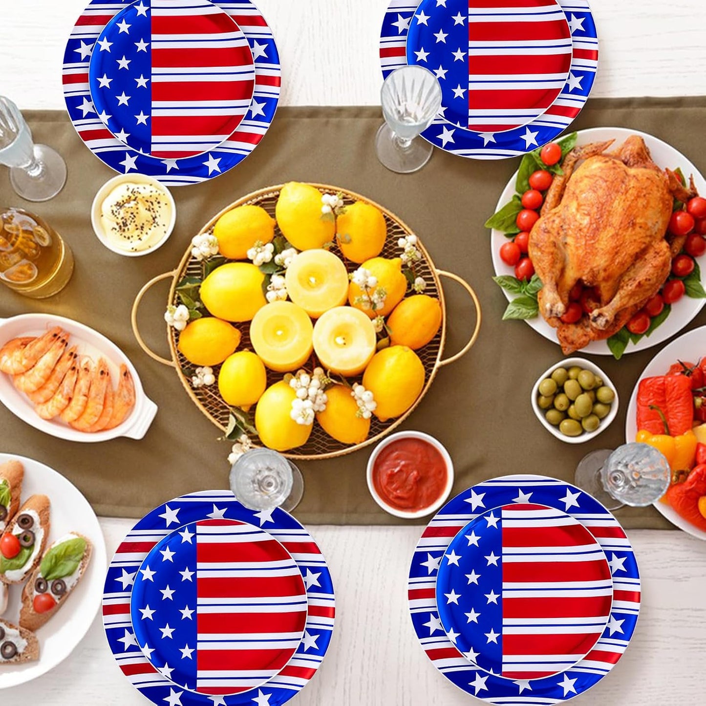 FLOWERCAT 60PCS 4th of July Plates & Red White Blue Plates for Independence Day, Memorial Day - American Flag Plastic Plates Include 30PCS 10.25inch Dinner Plates and 30PCS 7.5inch Dessert Plates