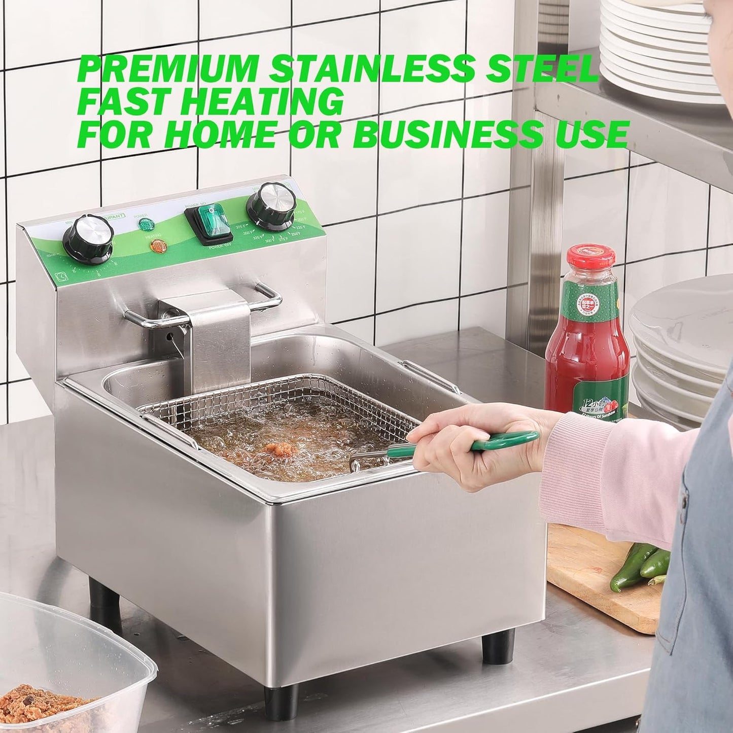 Electric Deep Fryer with Timer 10L/10.6QT Commercial Deep Fryer with Basket and Lid, Temp Control, 1700W/110V Stainless Steel Single Oil Fryer Countertop Fryer for Home and Restaurant Use