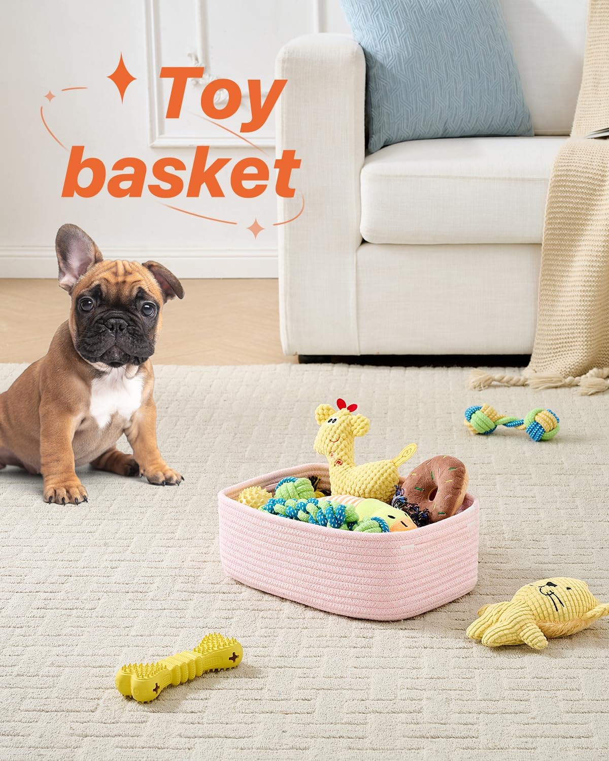 Small Woven Basket, 12 x 8 x 4.5 Inches, Storage Basket for Organizing, Cute Small Rope Shelf Closet Cube Storage Bins Baskets for Shelves, Dog Toy Gift Baskets Empty, 3 Pack Light Pink