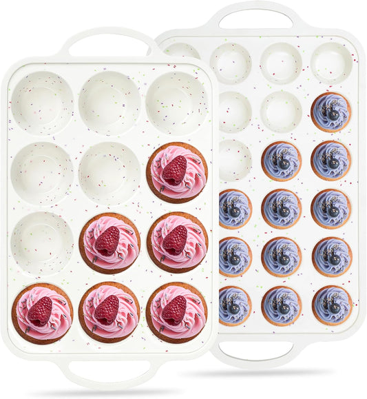 Regular 12 Cup and Mini 24 Cup Nonstick Cupcake Pan Set Silicone Muffin Pan for Baking Silicone Cupcake Mold with Metal Reinforced Frame BPA Free (2 Pcs, Cream)