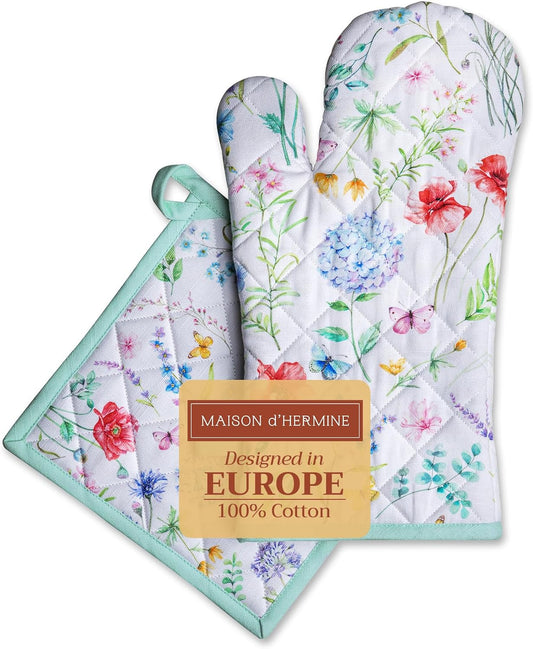 Maison d' Hermine 100% Cotton Oven Mitt & Pot Holder Set (7.5"x13" & 8"x8") Heat Resistant BBQ Cooking Gloves with Loop, Baking, Grilling, Kitchen, Handling Hot Pans Spring/Summer (Just Floral)