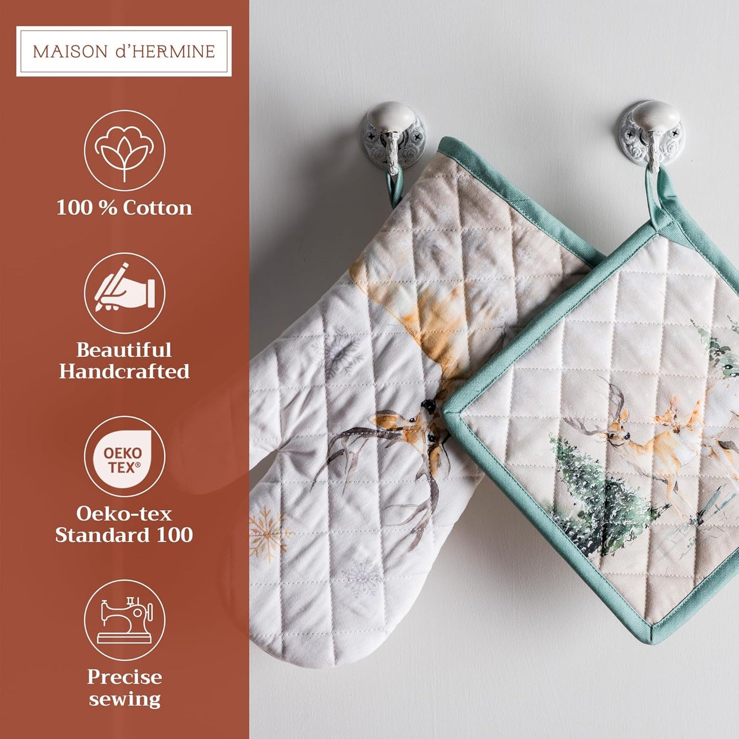 Maison d' Hermine 100% Cotton Oven Mitt & Pot Holder Set (7.5"x13" & 8"x8") Heat Resistant BBQ Cooking Gloves with Loop, Baking, Grilling, Kitchen, Handling Hot Pans (Deer in The Woods)